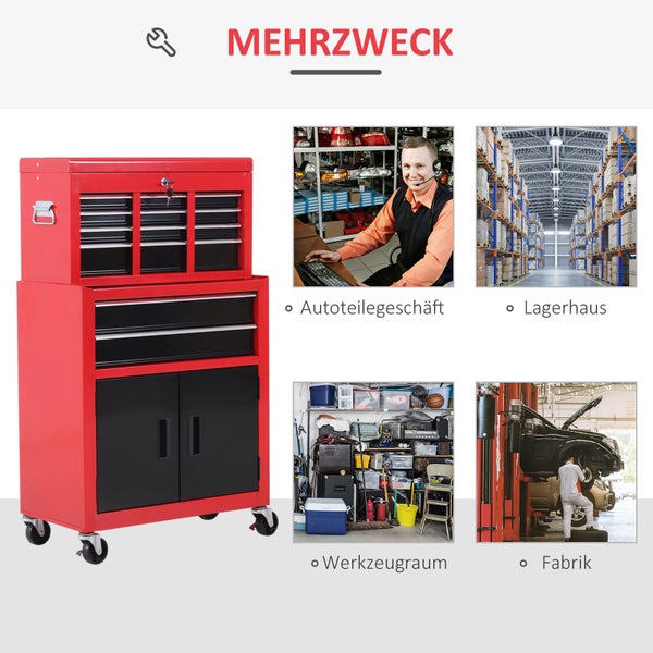 HOMCOM Werkstattwagen mit Werkzeugkasten Werkzeugwagen leer abschließbar mit 6 Schubladen, Schrankfach, Antirutschmatten, 2 Schlüssel Werkzeugschrank Metall Rot+Schwarz