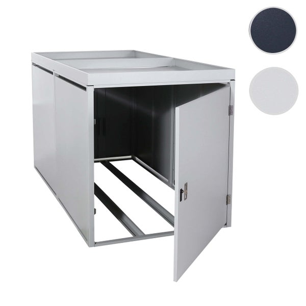 Mülltonnenbox aus Metall mit einer geöffneten Tür, Flachdach und Bodenrahmen aus Metall.