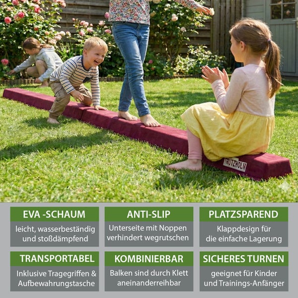 Kinder spielen im Garten auf einem klappbaren Schwebebalken aus EVA-Schaum. Der Balken ist rutschfest, platzsparend und für Gymnastik geeignet.