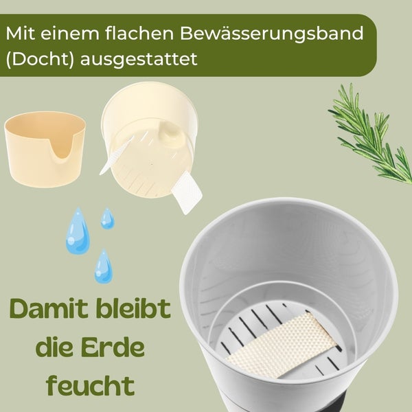 Blumentopf mit integriertem Bewässerungssystem und flachem Docht zur gleichmäßigen Befeuchtung der Erde.