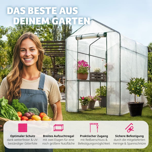 Foliengewächshaus tectake Andrea inklusive Spannseile und Heringe, 186 x 120 x 190 cm 3,6 m³, mit 4 Regalebenen weiß