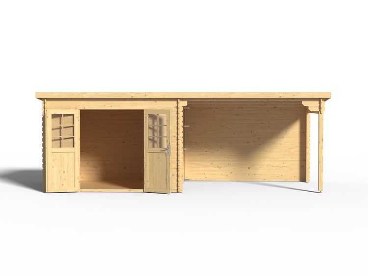 Gartenhaus aus Holz mit Flachdach, Doppeltür und seitlichem Anbaudach.