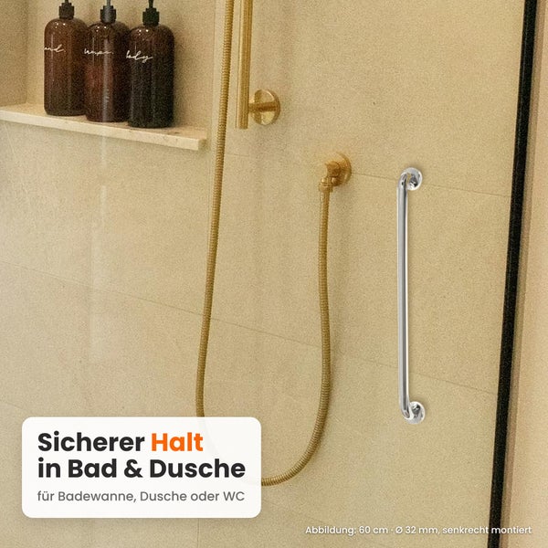Wandmontierter Haltegriff für Dusche oder Badewanne aus Metall, 60 cm Länge, 32 mm Durchmesser für sicheren Halt im Badezimmer.