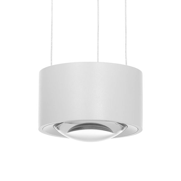 Weiße zylindrische Pendelleuchte aus Metall mit konvexer Glaslinse und Drahtaufhängung.