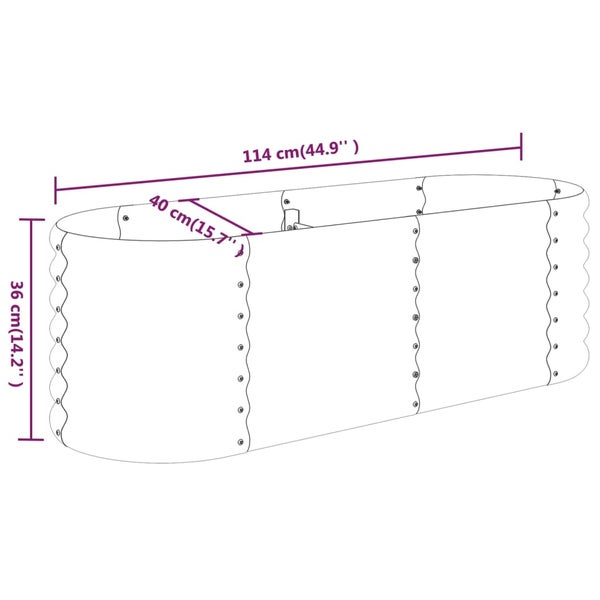 Illustration eines Hochbeets mit Maßangaben: 114 cm Länge, 40 cm Breite und 36 cm Höhe.