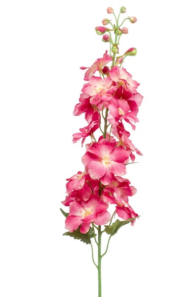 Künstlicher Rittersporn Zweig mit rosa Blüten und Knospen am grünen Stängel