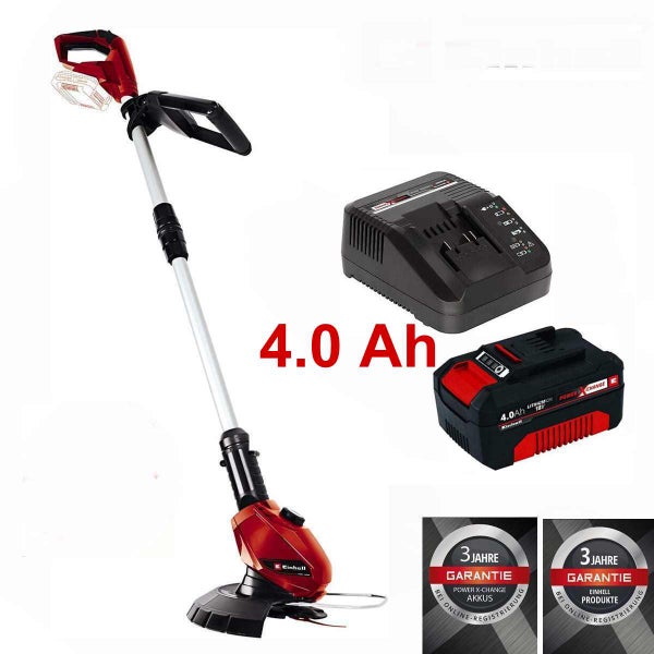 Einhell Akku Rasentrimmer mit einem 18 Volt 4.0 Amperestunden Akku und Ladegerät sowie Einhell Logo und zwei Garantiesiegel für drei Jahre