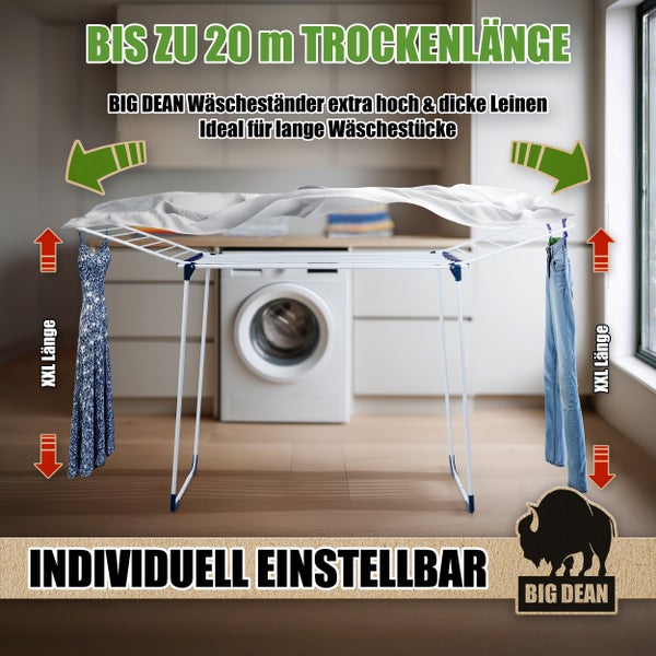 BIG DEAN Wäscheständer mit bis zu 20 Metern Trockenlänge, ideal für lange Wäschestücke