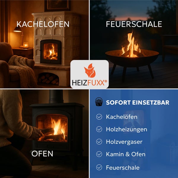 Heizfuxx Brennholz Anwendungsübersicht für Kachelofen, Feuerschale und Ofen mit Informationen zur sofortigen Verwendbarkeit.