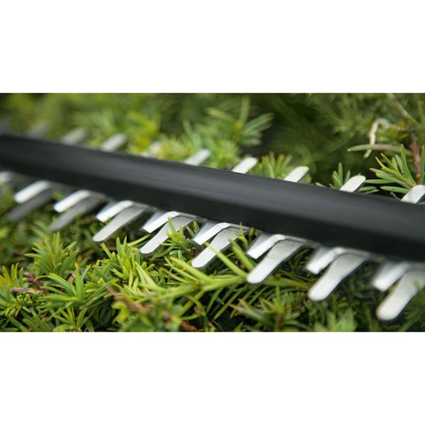 Nahaufnahme der Schneidklingen einer Heckenschere vor Pflanzen