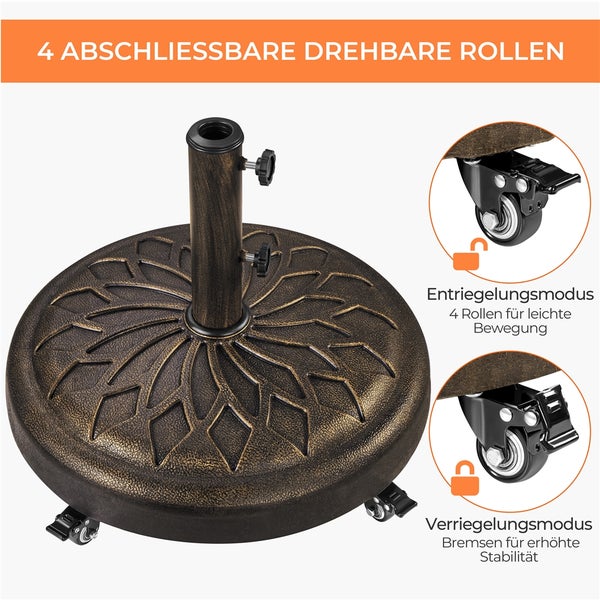 Sonnenschirmständer mit vier abschließbaren Rollen für einfache Bewegung und erhöhte Stabilität