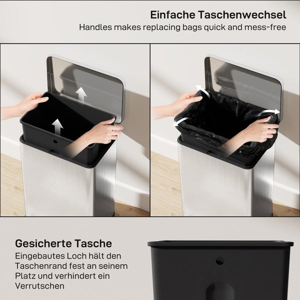 Mülleimer mit einfacher Taschenwechsel-Funktion und gesicherter Tasche