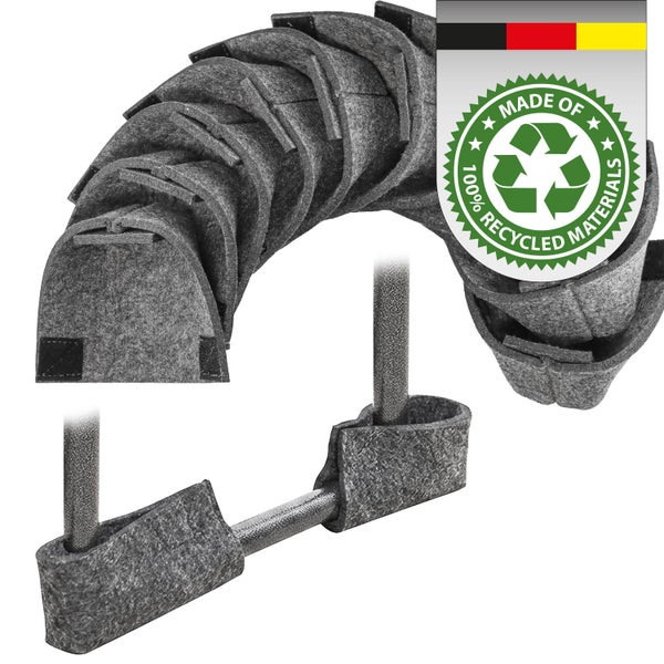 Filz Rohrisolierung zur Schalldämmung und Wärmedämmung mit Klettverschluss und Siegel für hundert Prozent recycelte Materialien.