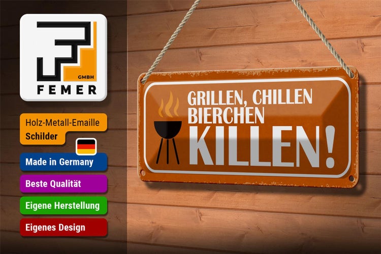 Blechschild Spruch 27x10cm grillen chillen Bierchen killen Dekoration