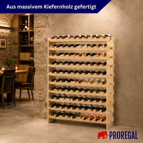 Weinregal aus massivem Kiefernholz, gefüllt mit Weinflaschen in einem Weinkeller. Proregal Logo.