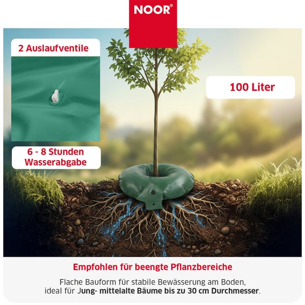 Noor Baumbewässerungsring 100 Liter mit 2 Auslaufventilen für eine 6 bis 8 stündige Wasserabgabe ideal für junge Bäume bis 30 Zentimeter Durchmesser.