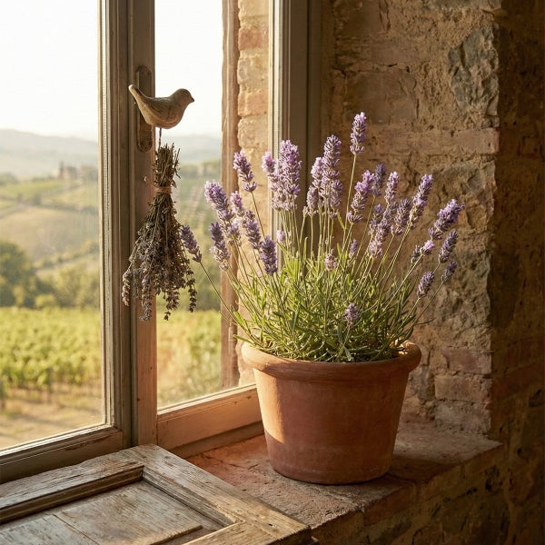 Lavendel im Terrakottatopf auf rustikaler Fensterbank, getrockneter Lavendel am Fenstergriff, Steinmauer, Blick auf Weinberge, helles Ambiente.
