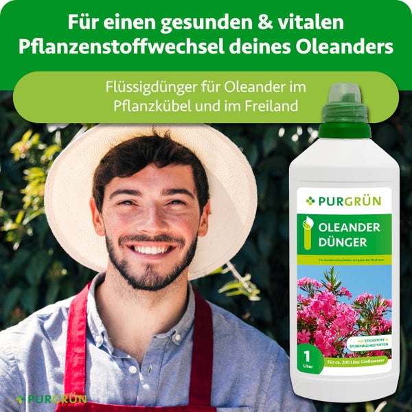 Purgrün Oleander Dünger 1 Liter Flasche mit Stickstoff und Spurennährstoffen, dargestellt mit einem lächelnden Gärtner in heller Umgebung.