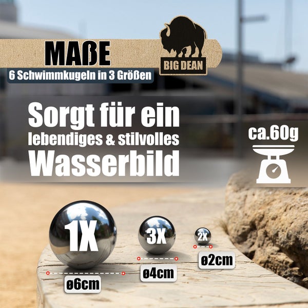 Set mit 6 Schwimmkugeln in 3 verschiedenen Größen aus Edelstahl zur Dekoration von Gartenteichen oder Wasserspielen.