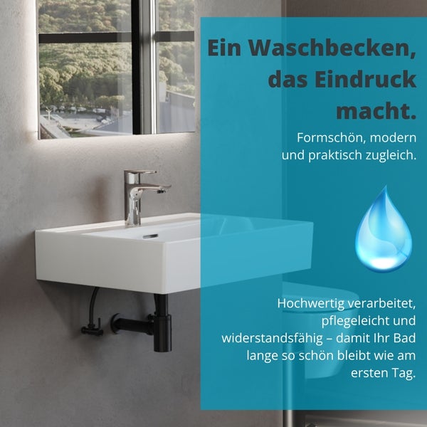 Modernes wandhängendes Waschbecken aus Keramik mit verchromter Armatur und schwarzem Siphon in einem Badezimmer.