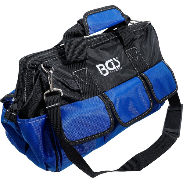 BGS technic Werkzeugtasche in Blau und Schwarz mit mehreren Außentaschen, Tragegriffen und verstellbarem Schultergurt.