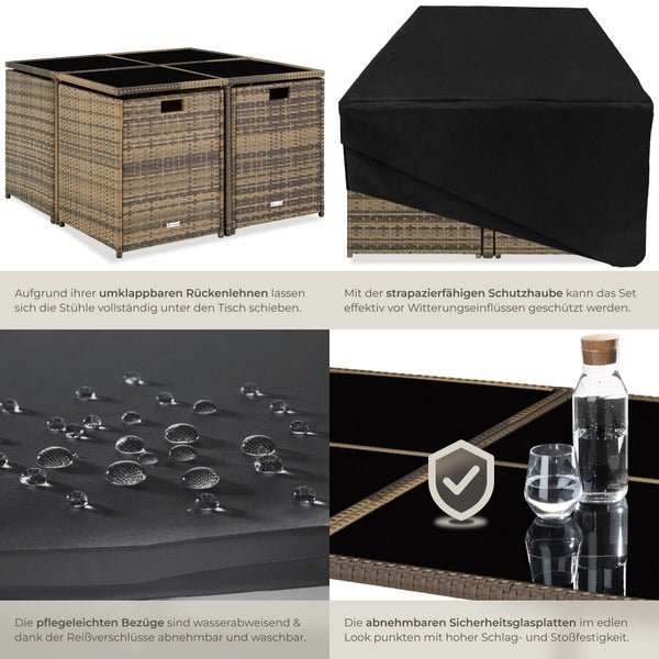 Gartenmöbel-Set aus Polyrattan, platzsparend zusammenklappbar, mit Schutzhülle, wasserabweisenden Bezügen und Sicherheitsglasplatten.