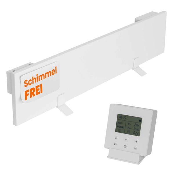 Weißes Heizpaneel mit digitalem Thermostat und Schimmel FREI Logo.