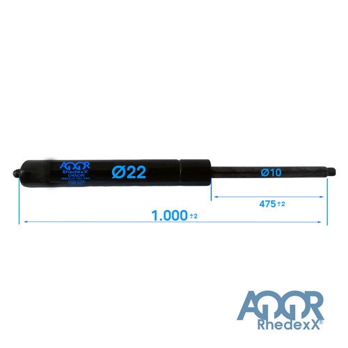 Rhedexx Gasfeder mit 22 Millimeter Durchmesser, 1000 Millimeter Länge und 475 Millimeter Hub. AGOOR Rhedexx Logo.
