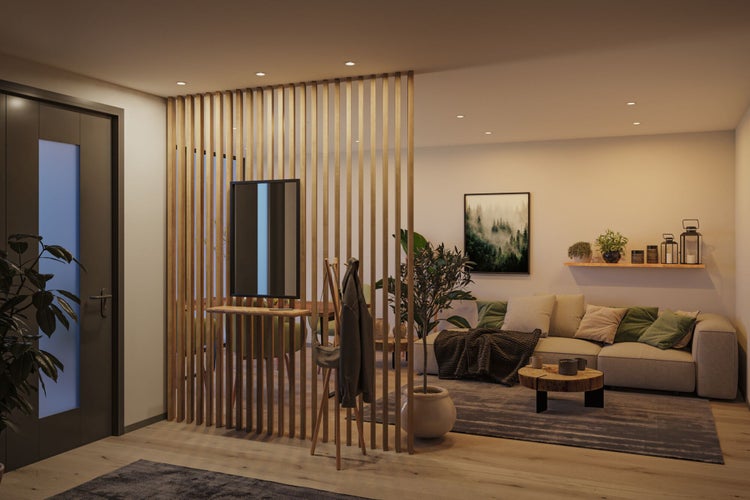 Modernes Wohnzimmer mit einem Raumteiler aus vertikalen Holzlamellen, gemütlichem Sofa, Teppich und Pflanzen.