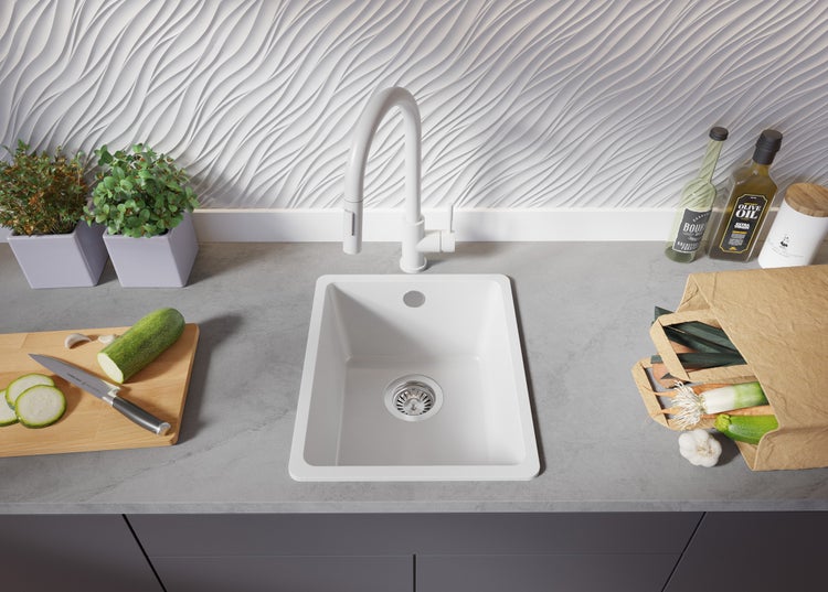 PRIMAGRAN Spülbecken Alles Weiß 36x44cm, Granitspüle 1 Becken + Ablauf-Set, Küchenspüle ab 40er Unterschrank - Venedig Slim Easy