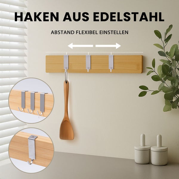 CHEFGASTRO Magnetleiste magnetische Messerleiste Messerhalter aus Bambus | HxBxT 6,2x40x2,1cm | Inkl. 3 silberne Haken | Bambus | extra stark magnetischer Messerstreifen zum Kleben oder Schrauben