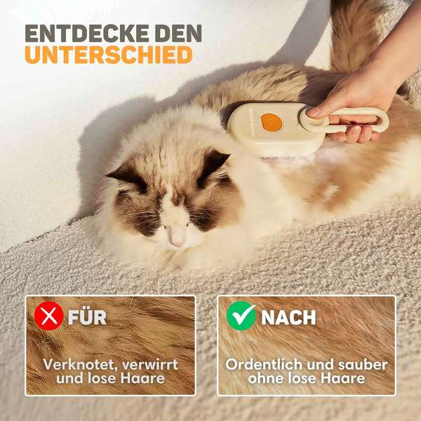 Eine Hand benutzt eine Tierhaarbürste von Vulpes Goods bei einer Katze, mit Vergleichsbildern vor und nach der Fellpflege.