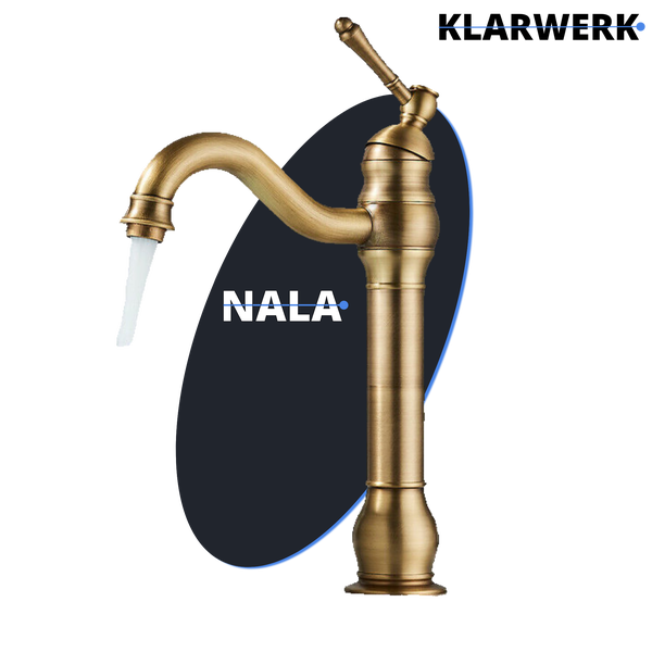 NALA | Vintage Hotel Gastro Messing gebürstet hohe Badarmatur |Retro Premium Edelstahl Wasserhahn Für hohe Waschbecken |Mischbatterie 2 Anschlüsse