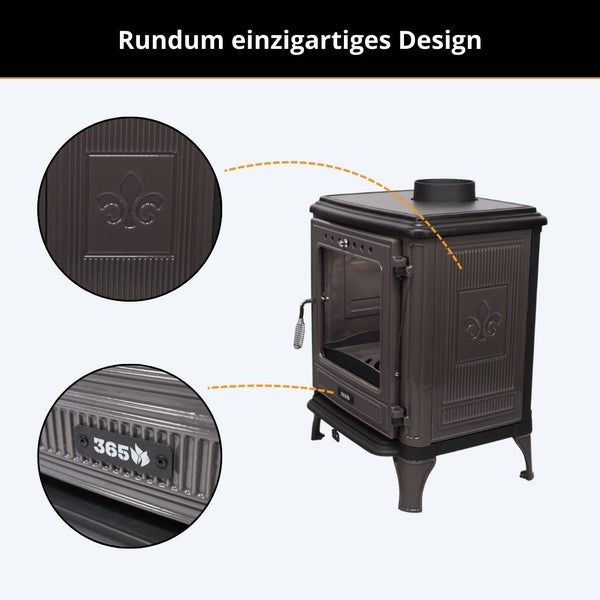 Gusseiserner Kaminofen mit seitlichen Verzierungen und dem 365 Logo an der Unterseite.