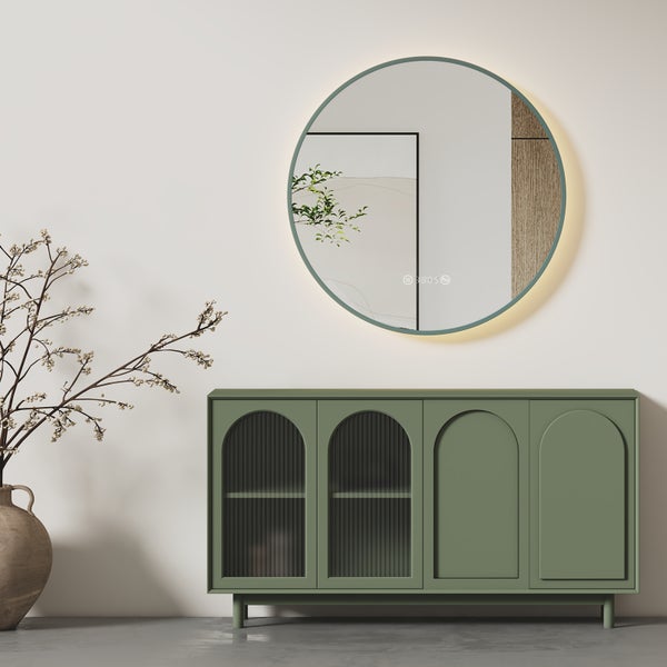 EMKE Badezimmerspiegel mit Beleuchtung Ø 60 cm, 4300K Neutralweiß, mit Touchschalter, LED-Uhr- und Temperaturanzeige,  Anti-Beschlag, elegantem grünem Rahmen, Wandspiegel für das Badezimmer