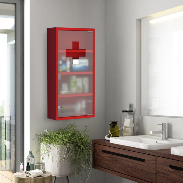 HOMCOM Medizinschrank Arzneischrank Medikamentenschrank mit 3 Ebenen Erste-Hilfe-Schrank mit Schloss Apothekerschrank mit Mattglastür Stahl Rot 27 x 57 x 12 cm