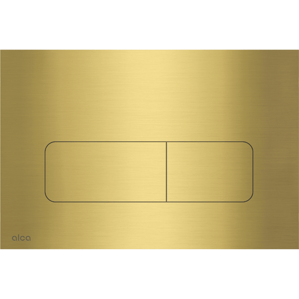 WC-Betätigungsplatte Alca, gebürstetes Gold, 2-Mengen-Spülung, rechteckige Tasten, Alca Logo.