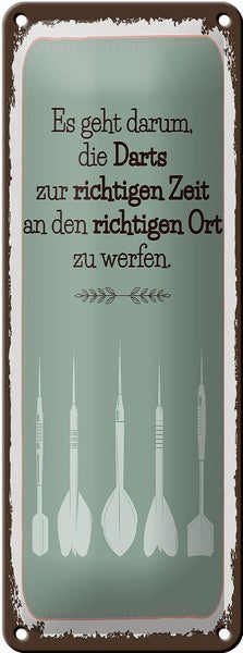 Blechschild Spruch Darts zur richtigen Zeit werfen 10x27cm