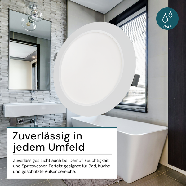 Raumansicht mit runder LED-Einbauleuchte und IP44-Spritzwasserschutz