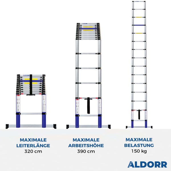 ALDORR Home - Teleskopleiter 3,20M - Mehrzweckleiter - Belastbarkeit bis zu 150kg - Soft-Close-System