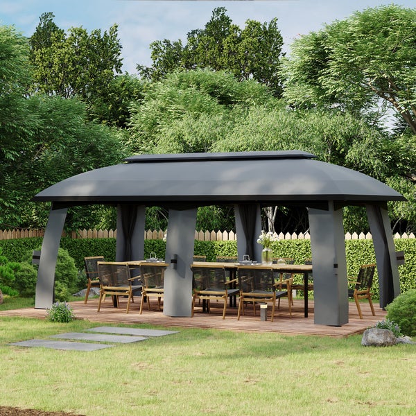 Outsunny Pavillon 3 x 6 m, mit Doppeldach, bis 15 Personen, 300L x 600B x 278H cm, Verzinkter Metall, Dunkelgrau