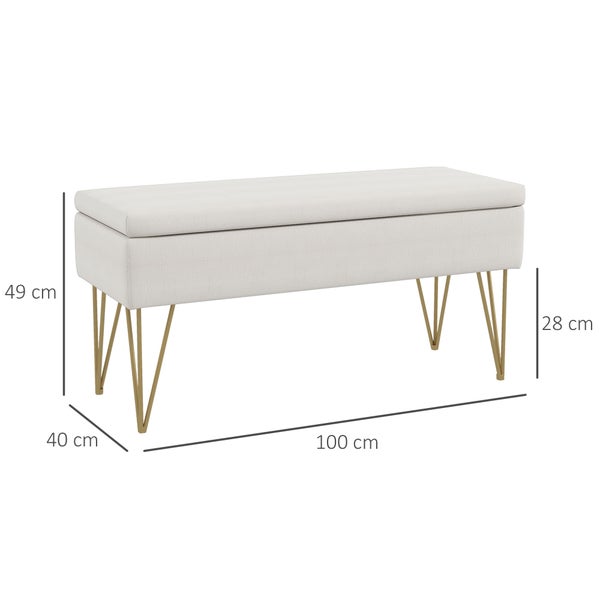 HOMCOM Sitzbank Polsterbank mit Stauraum, Leinenoptik, Bettbank mit Stahlbeine, für Schlafzimmer, Wohnzimmer, Flur, 100 x 40 x 49 cm, Creme