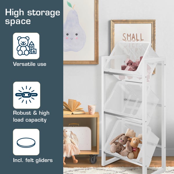 Aufbewahrungsturm mit drei durchsichtigen Kunststoffboxen und weißem Rahmen für Kinderzimmer