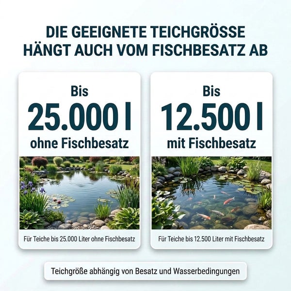 Infografik zur Teichgröße abhängig vom Fischbesatz mit Beispielen für Teiche bis 25000 Liter ohne Fisch und 12500 Liter mit Fischbesatz.