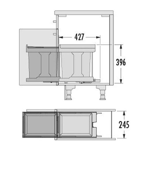 Maßzeichnung Abfalltrennsystem für Küchenunterschrank, Höhe 396 Millimeter, Tiefe 427 Millimeter, Breite 245 Millimeter.
