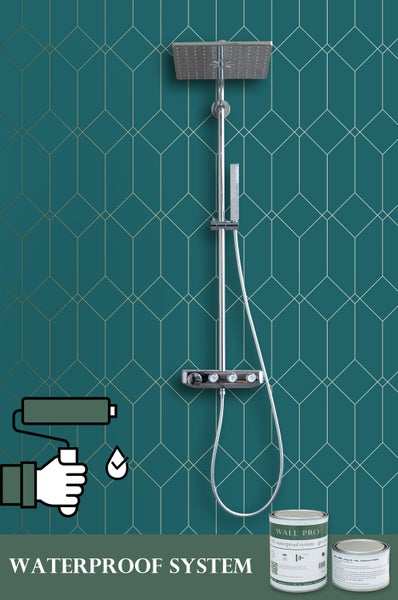 Duscharmatur vor geometrischer Wand und Abdichtungssystem