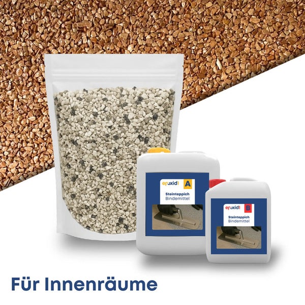 Steinteppich Set für Innenräume bestehend aus einem Sack Kieselsteinen und zwei Behältern Epoxidharz Bindemittel.