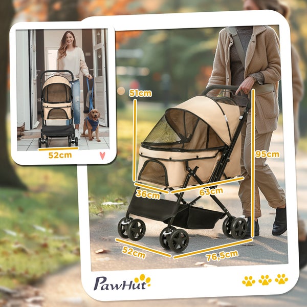 PawHut Hundebuggy Hundewagen Buggy für kleine Hunde und Katzen Haustierwagen Pet Stroller Katzenbuggy Oxford Braun 76,5 x 52 x 95 cm