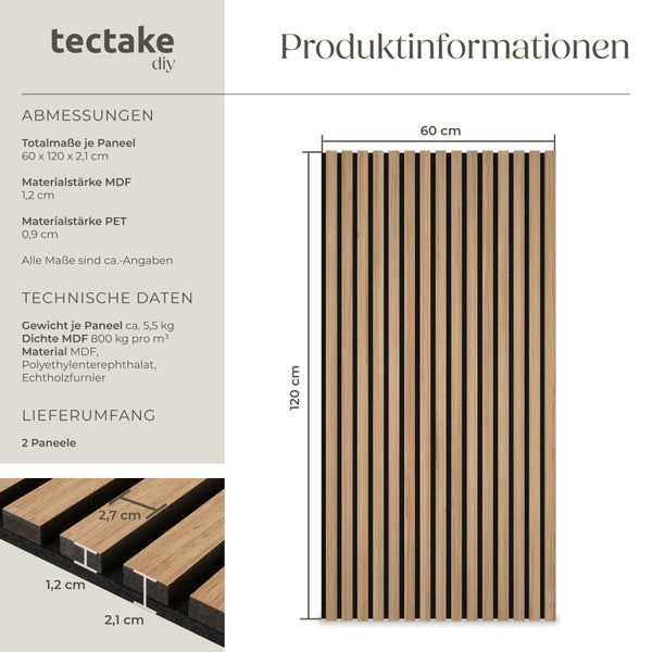 Produktinformationen zum Tectake DIY Paneel mit Abmessungen und technischen Daten