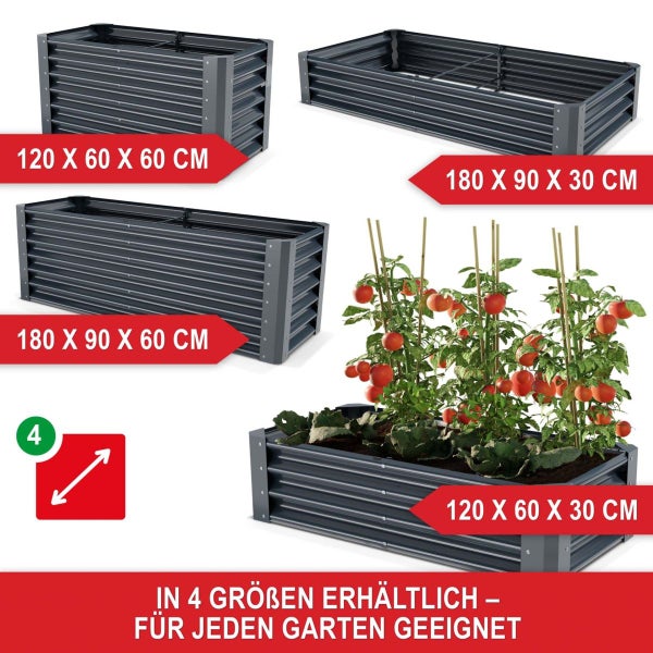 Hochbeet aus Metall in vier Größen: 120 mal 60 mal 60, 180 mal 90 mal 30, 180 mal 90 mal 60 und 120 mal 60 mal 30 Zentimeter.